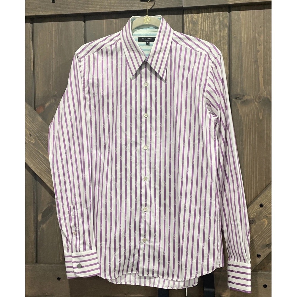 Ted Baker Button Down Long Sleeve‎ Shirt White Purse Striped Men's Size 3